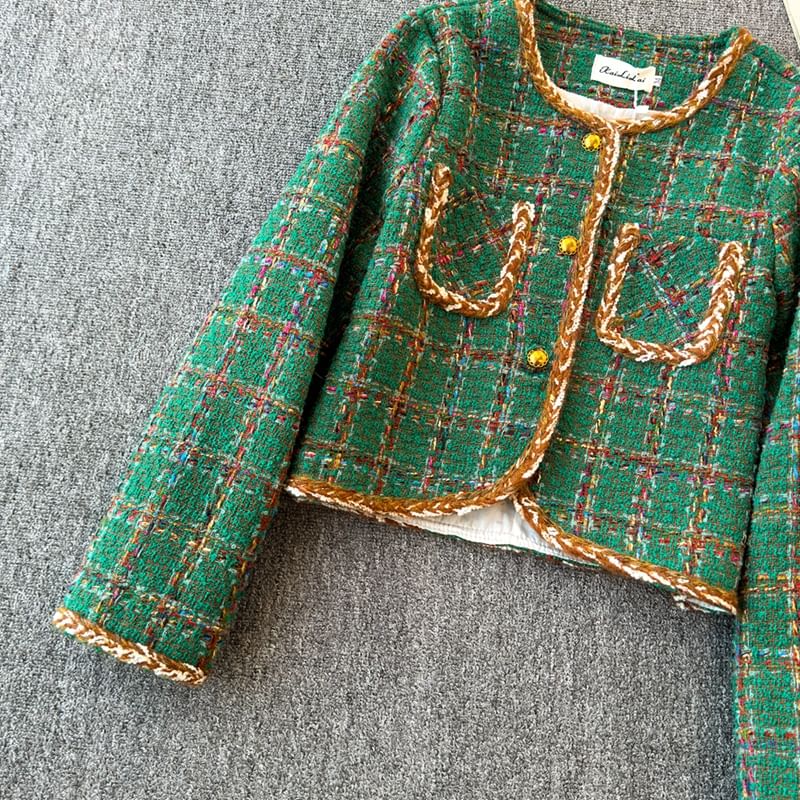 Crew Neck Plaid Button-Up Tweed Crop Jacket