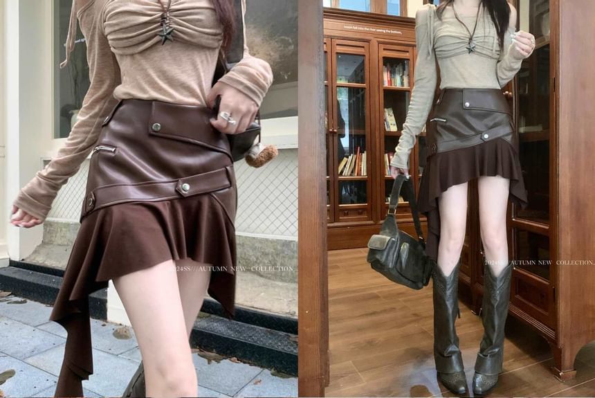 High-Rise Asymmetric Faux-Leather Ruffle Hem Mini Flare Skirt