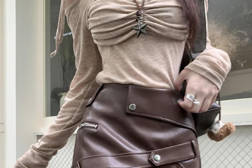 High-Rise Asymmetric Faux-Leather Ruffle Hem Mini Flare Skirt