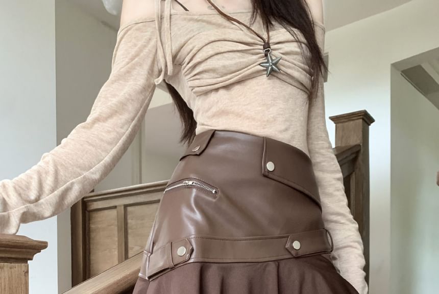 High-Rise Asymmetric Faux-Leather Ruffle Hem Mini Flare Skirt