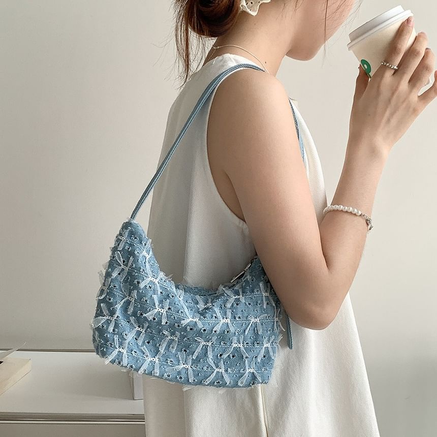 Perforated Washed Denim Bag Shoulder Bow
