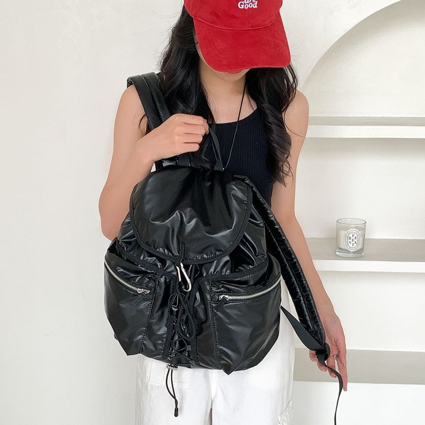 Drawstring Flap Plain Backpack