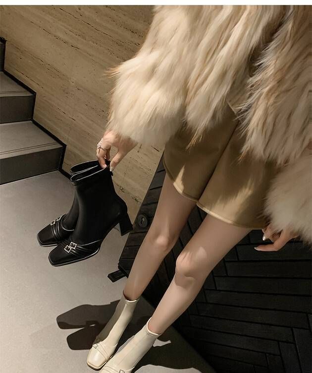 Square-Toe Boots Heel Chunky Buckled Short