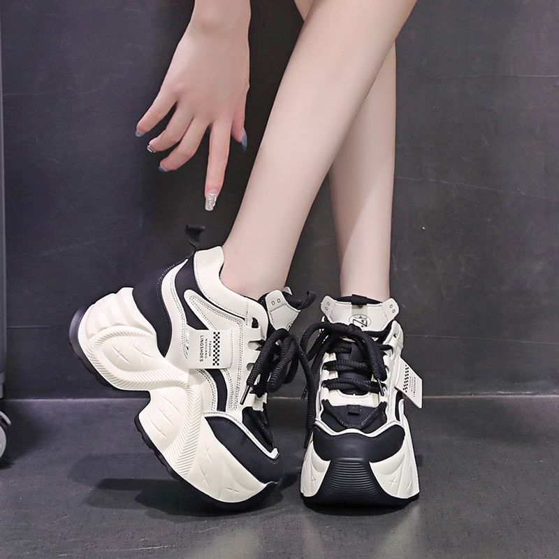 Faux Sneakers Hidden Lace-Up Wedge Leather Applique