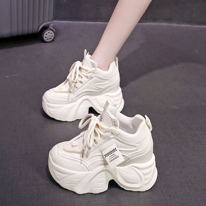 Faux Sneakers Hidden Lace-Up Wedge Leather Applique