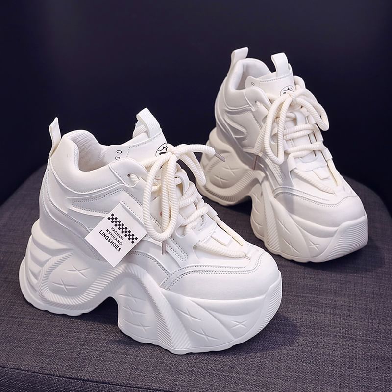 Faux Sneakers Hidden Lace-Up Wedge Leather Applique