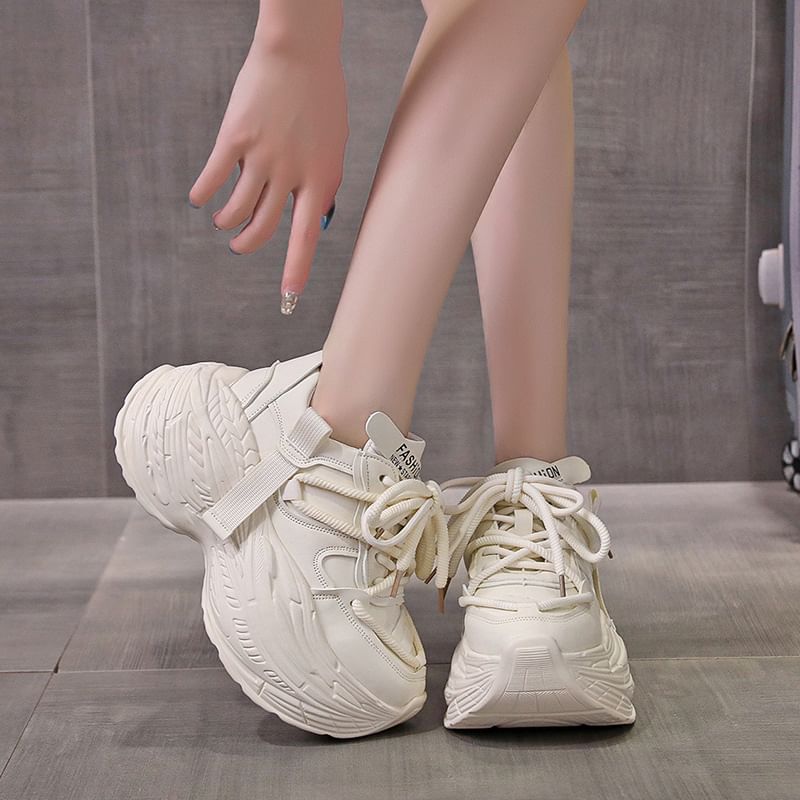 Plain Lace-Up Sneakers Leather Faux Platform