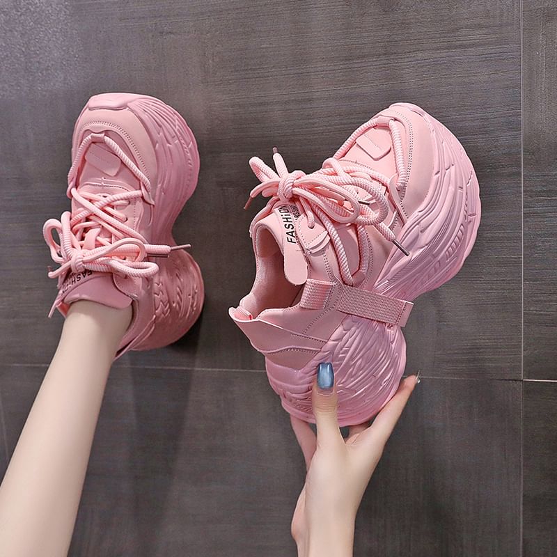 Plain Lace-Up Sneakers Leather Faux Platform