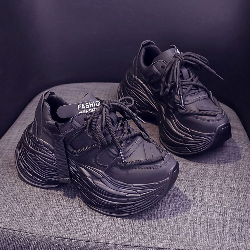 Plain Lace-Up Sneakers Leather Faux Platform