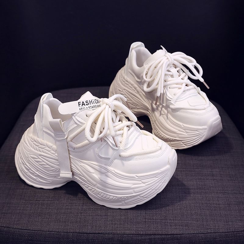 Plain Lace-Up Sneakers Leather Faux Platform