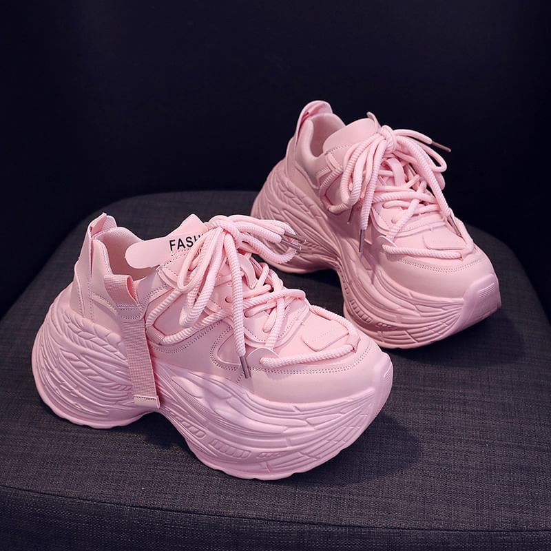 Plain Lace-Up Sneakers Leather Faux Platform