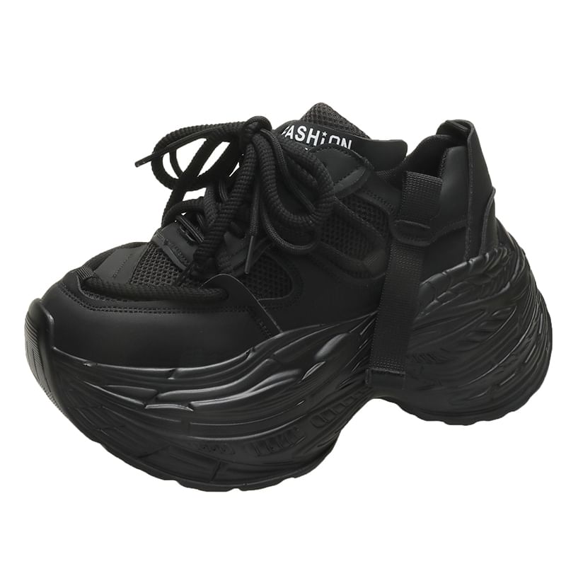 Faux Platform Leather Panel Lace-Up Sneakers Plain Mesh