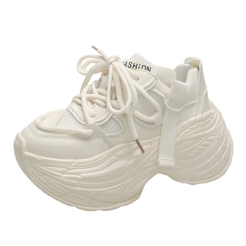 Faux Platform Leather Panel Lace-Up Sneakers Plain Mesh