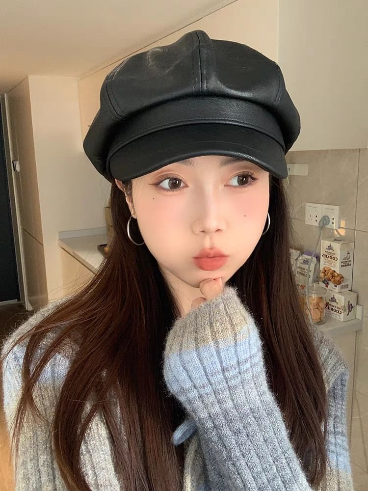 Leather Plain Faux Cap Newsboy