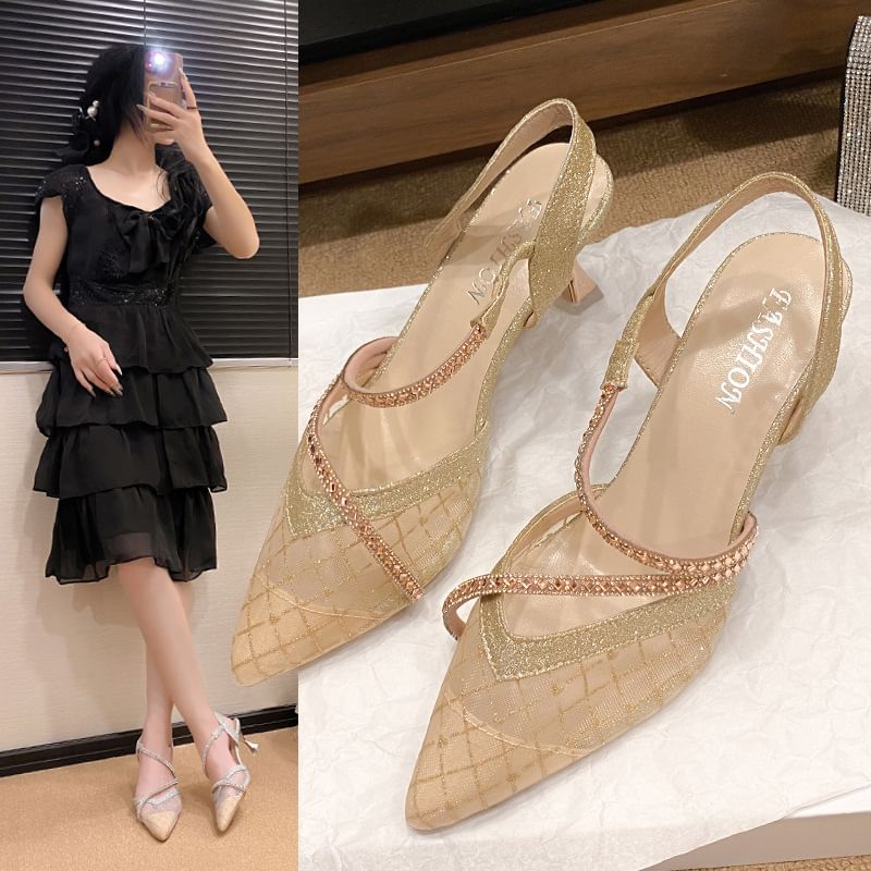 Rhinestone Sandals Heel Pointy High