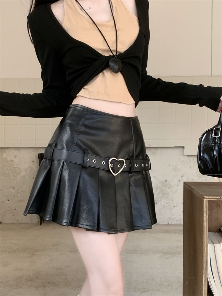 High Waist Belted Faux Leather Pleated Mini Skirt