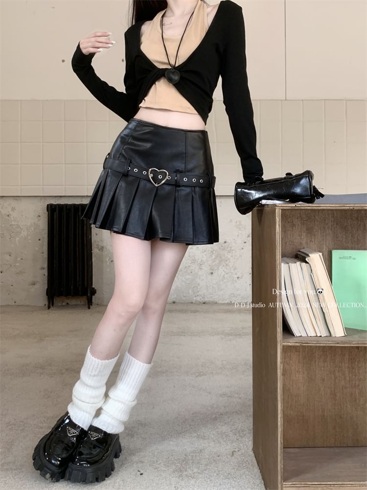 High Waist Belted Faux Leather Pleated Mini Skirt