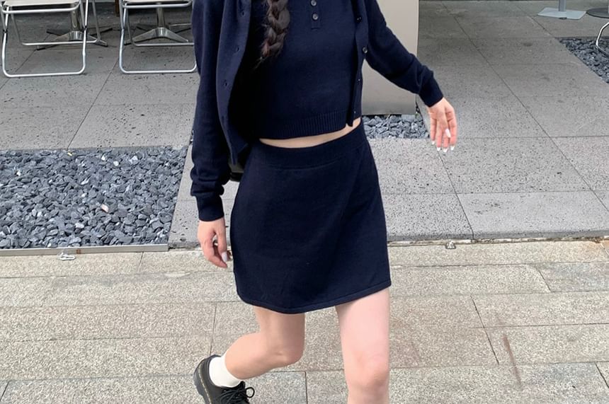 Round Neck Cardigan with Collared Knit Top and Mini Skirt