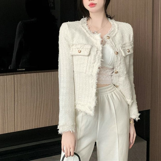 Round Neck Fringed Tweed Button Jacket