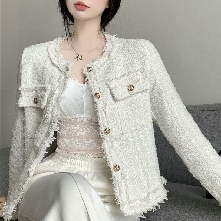 Round Neck Fringed Tweed Button Jacket