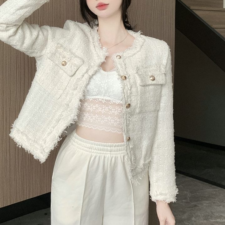 Round Neck Fringed Tweed Button Jacket