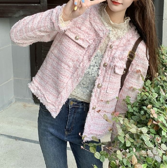 Round Neck Fringed Tweed Button Jacket