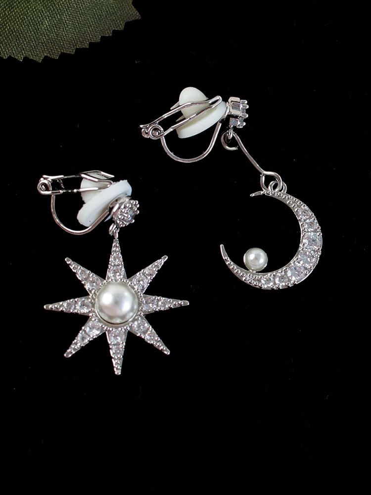 Moon Pearl Dangle Asymmetrical Faux Rhinestone Star Earring Alloy