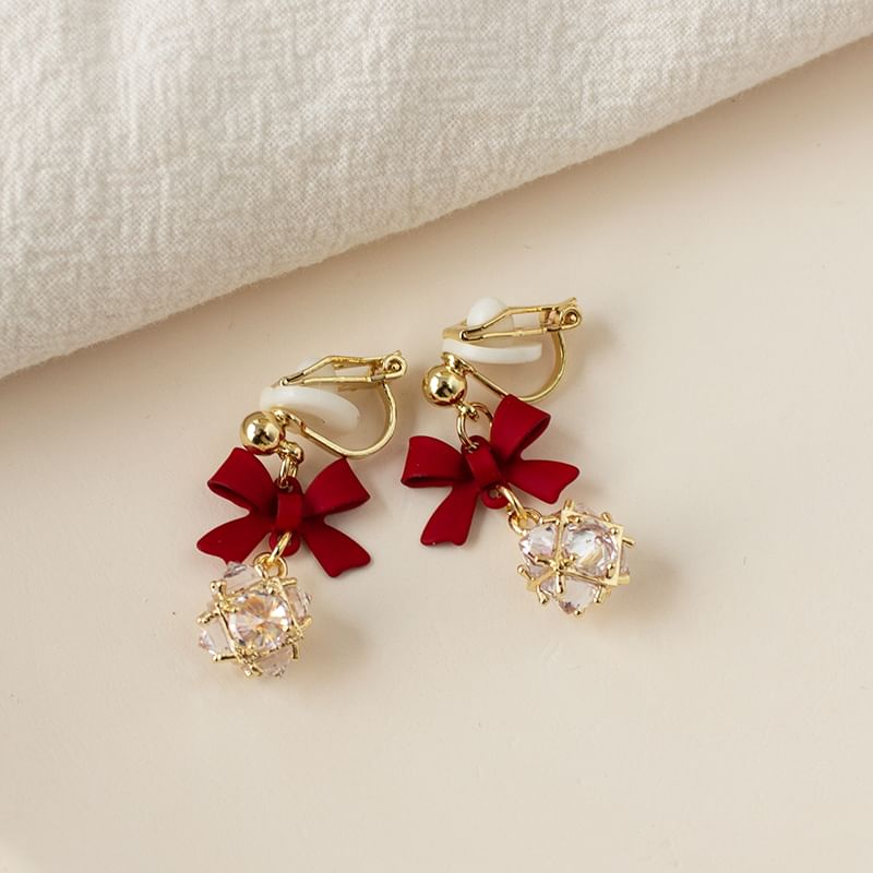 Dangle Bow Rhinestone Caged Alloy Earring