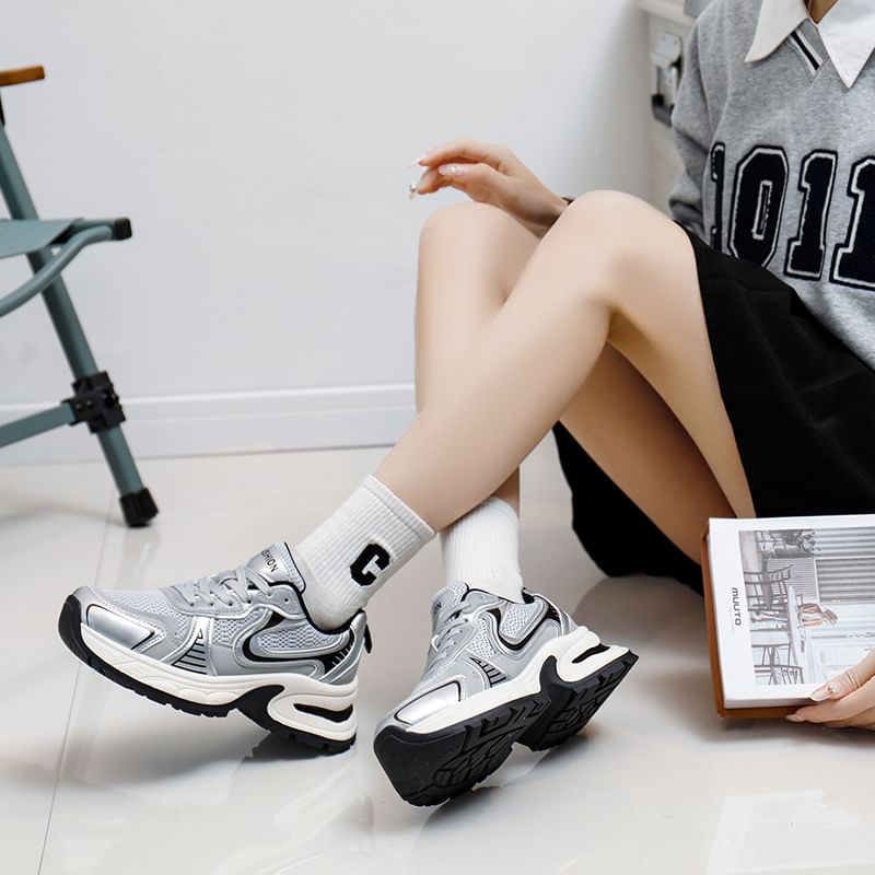 Mesh Panel Lace-Up Platform Sneakers