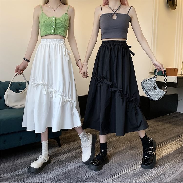 Midi Skirt Plain Waist A-Line Bow High