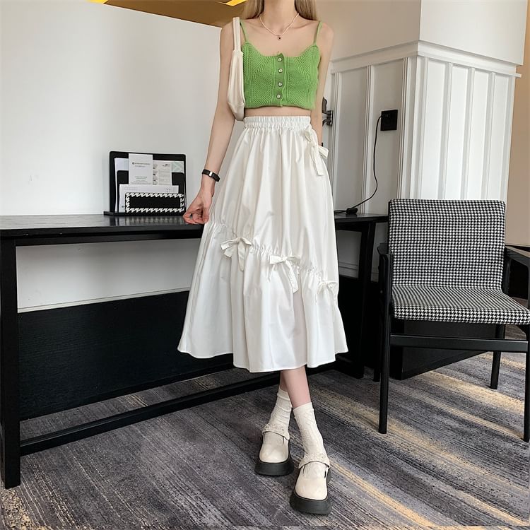Midi Skirt Plain Waist A-Line Bow High