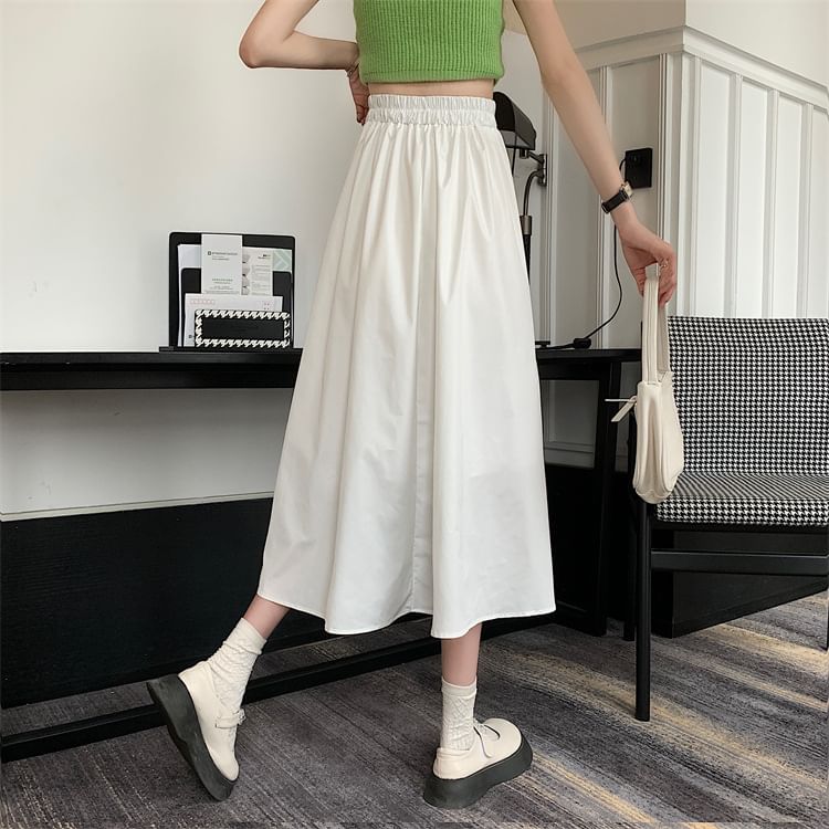 Midi Skirt Plain Waist A-Line Bow High