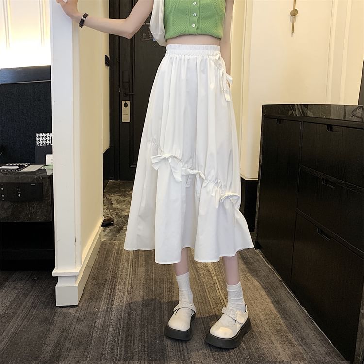 Midi Skirt Plain Waist A-Line Bow High