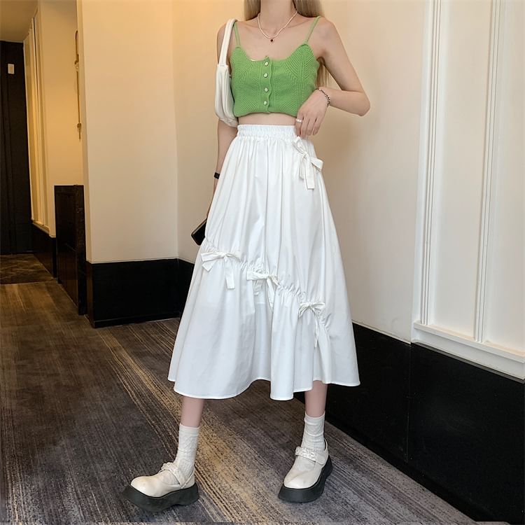Midi Skirt Plain Waist A-Line Bow High