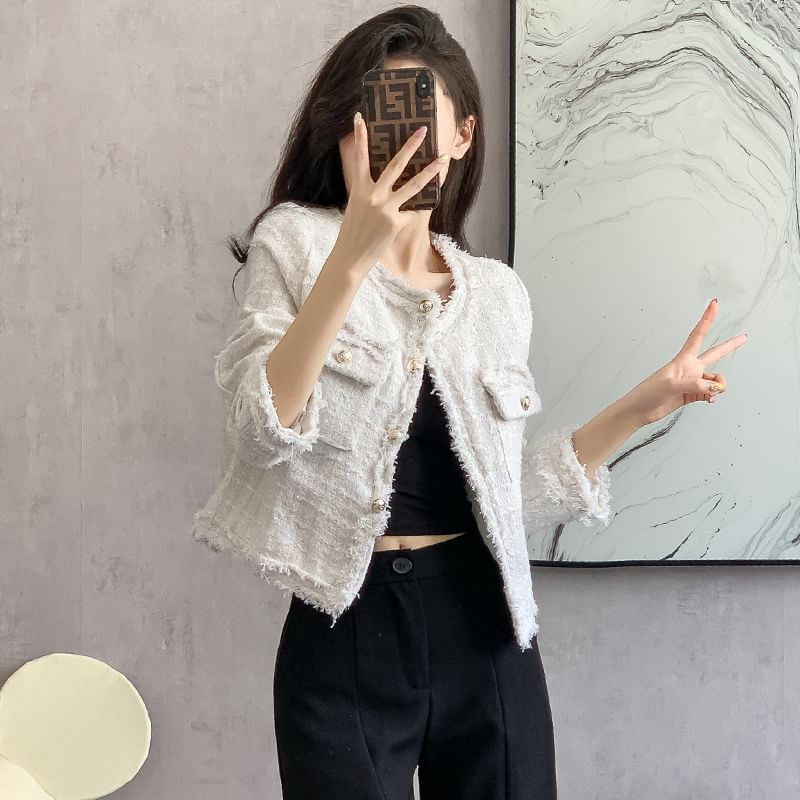 Crew Neck Frayed Button-Up Tweed Crop Jacket