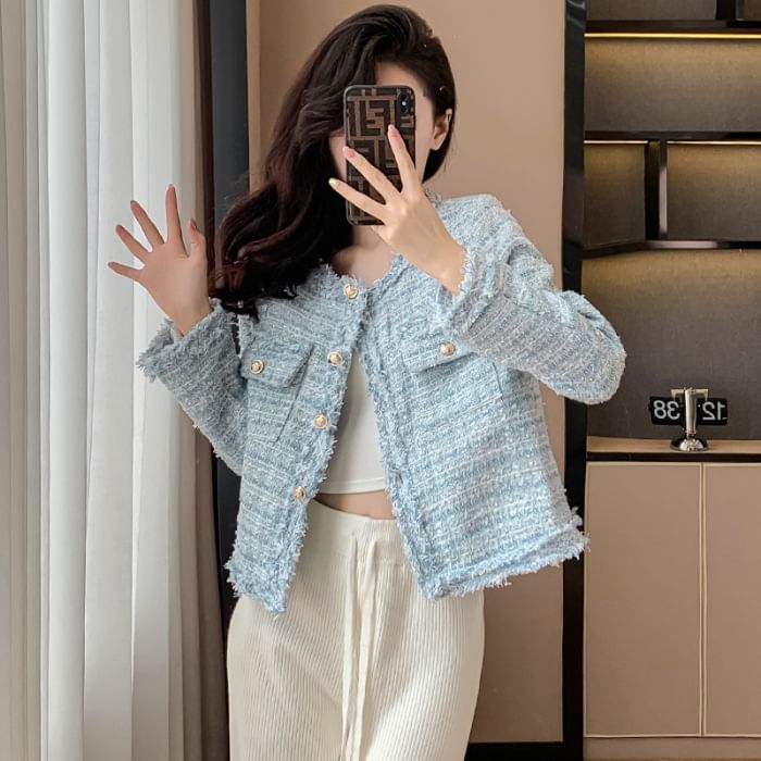 Crew Neck Frayed Button-Up Tweed Crop Jacket