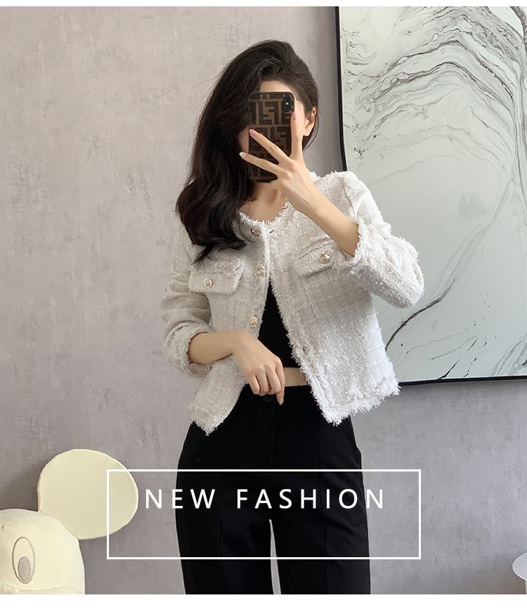 Crew Neck Frayed Button-Up Tweed Crop Jacket