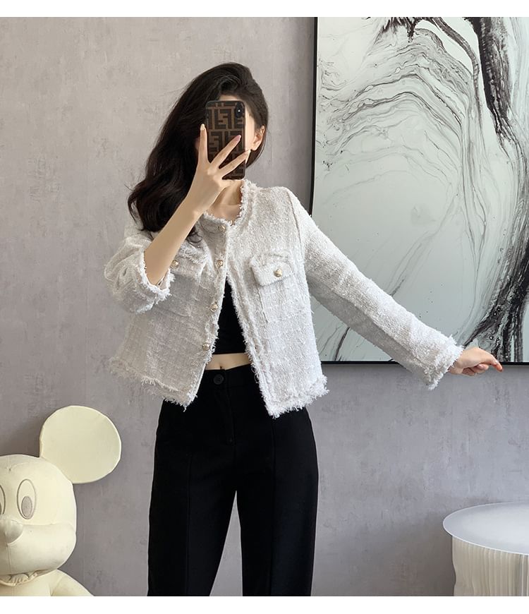 Crew Neck Frayed Button-Up Tweed Crop Jacket