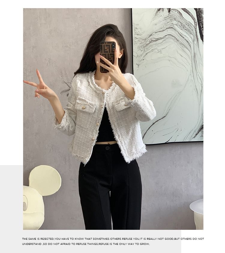 Crew Neck Frayed Button-Up Tweed Crop Jacket