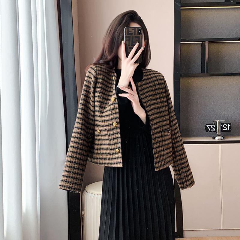 Crew Neck Plaid Button-Up Crop Jacket