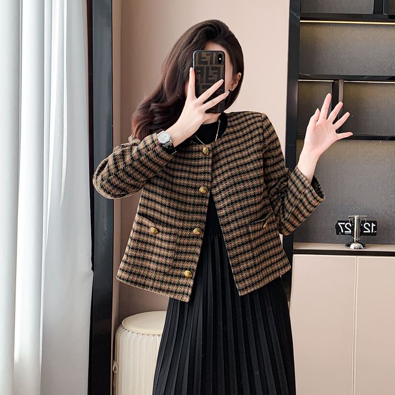 Crew Neck Plaid Button-Up Crop Jacket