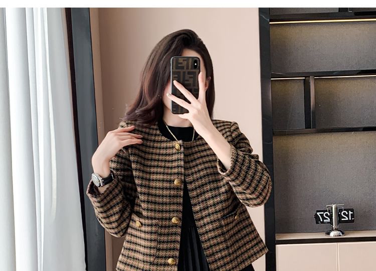 Crew Neck Plaid Button-Up Crop Jacket