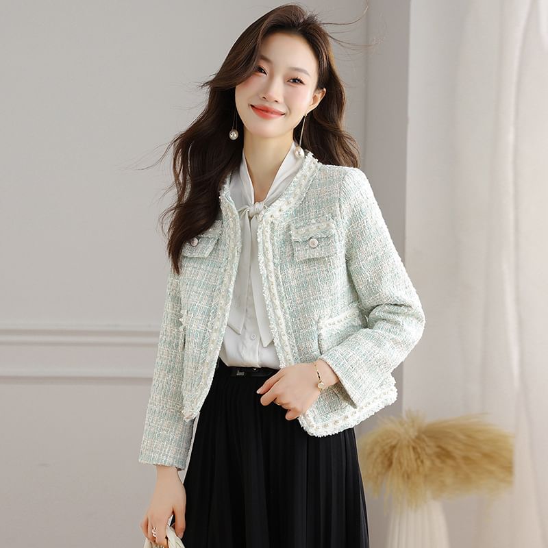Crew Neck Faux Pearl Accent Open Front Tweed Crop Jacket