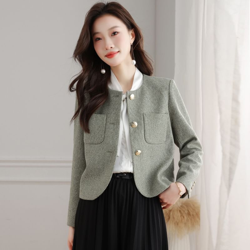 Crew Neck Button-Up Tweed Crop Jacket