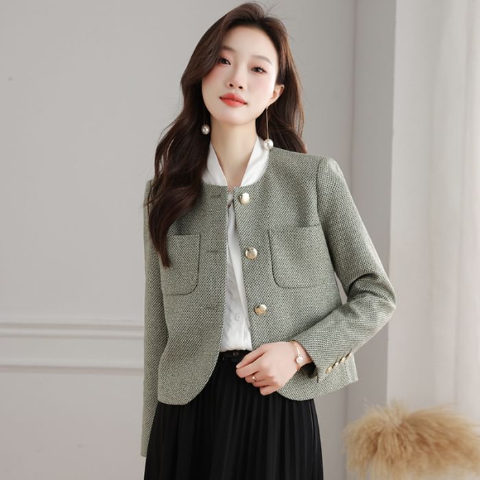 Crew Neck Button-Up Tweed Crop Jacket