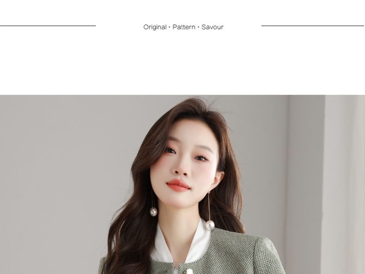 Crew Neck Button-Up Tweed Crop Jacket