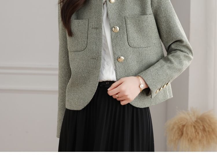 Crew Neck Button-Up Tweed Crop Jacket