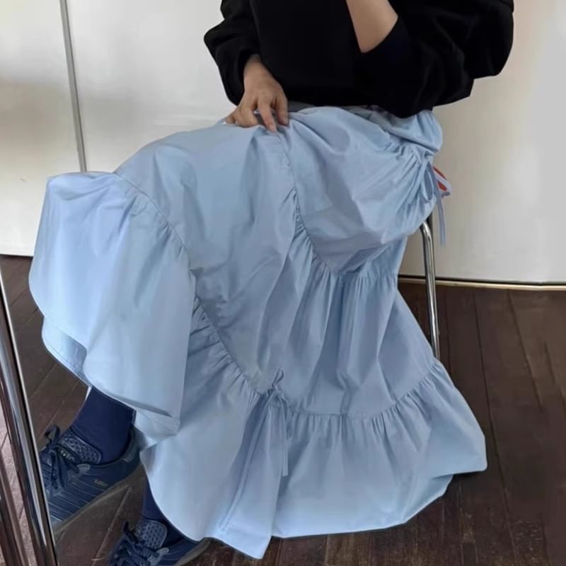 Stretch Waist Tiered Maxi Flared Skirt