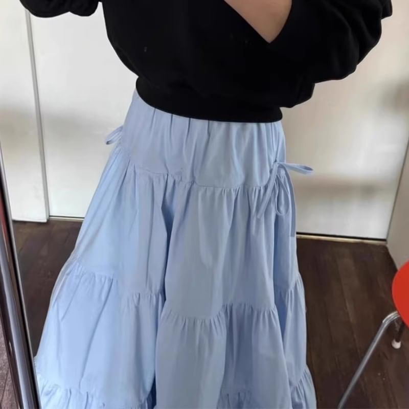 Stretch Waist Tiered Maxi Flared Skirt