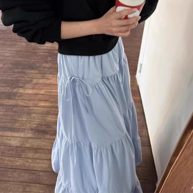 Stretch Waist Tiered Maxi Flared Skirt